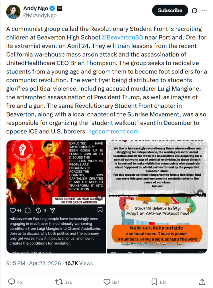 Andy Ngo: A communist group called the Revolutionary Student Front…