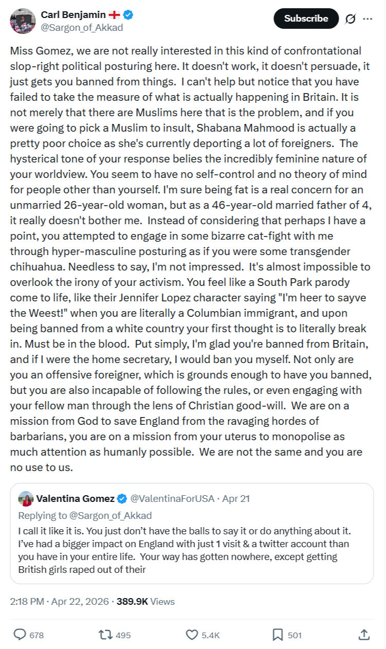 Carl Benjamin: Miss Gomez, we are not really interested…
