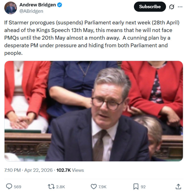 Andrew Bridgen: If Starmer prorogues (suspends) Parliament…