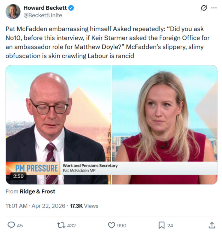 Howard Beckett: Pat McFadden embarrassing himself Asked repeatedly…