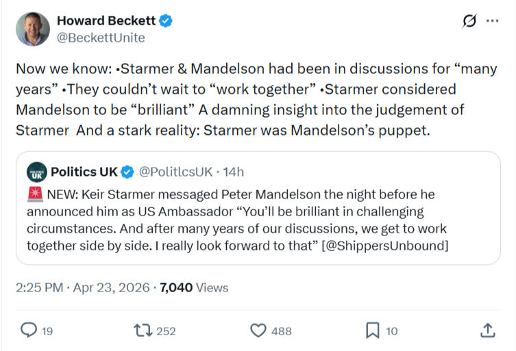 Howard Beckett: Starmer & Mandelson had been in...