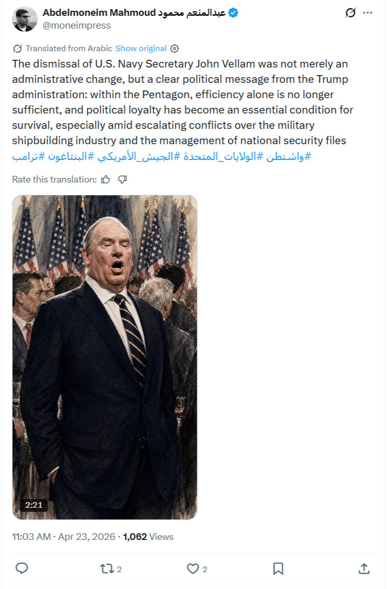 abdelmoneim Mahmoud: The dismissal of U.S. Navy Secretary...