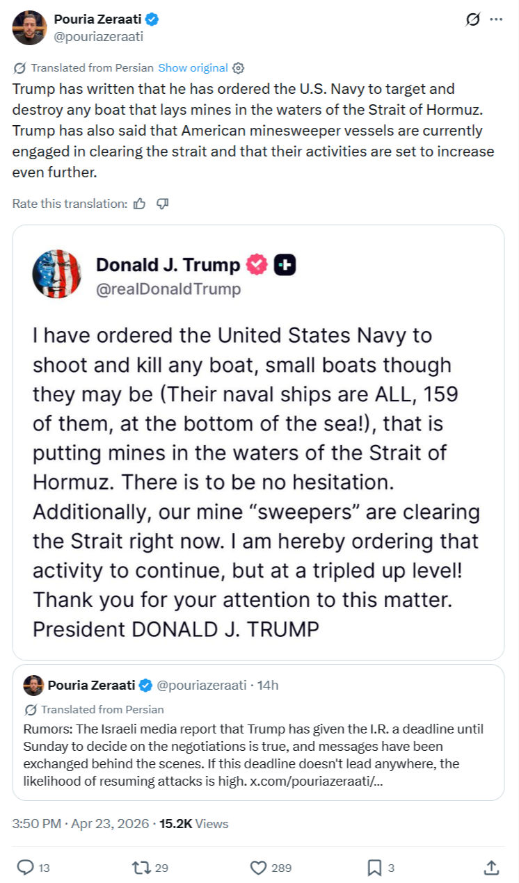 Pouria Zeraati: Trump has written that he...