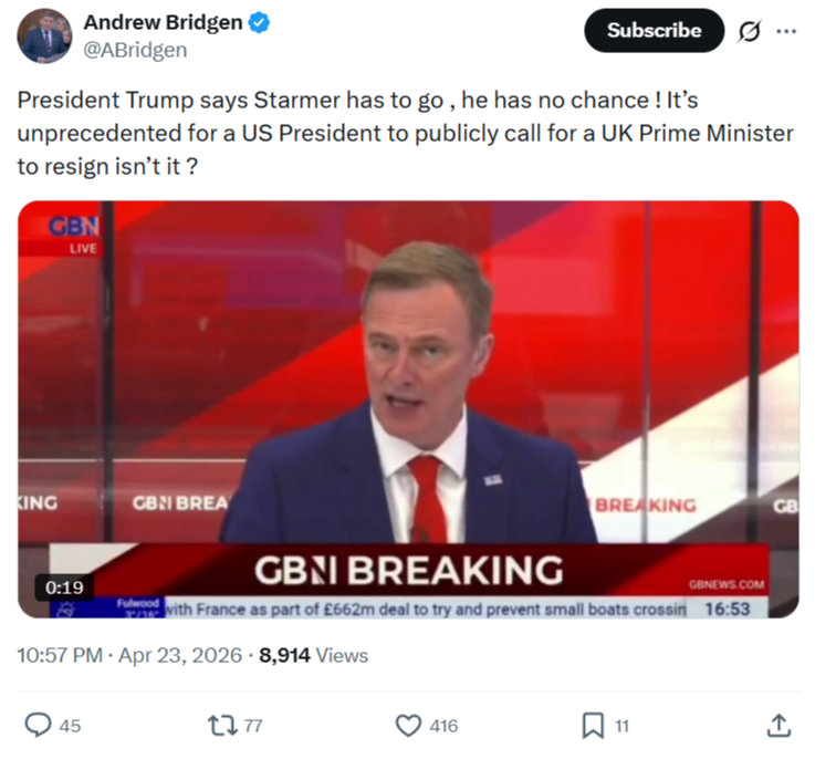 Andrew Bridgen: President Trump says Starmer has...