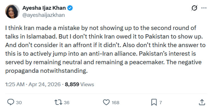 Ayesha Ijaz Khan: I think Iran made a mistake by not showing up…