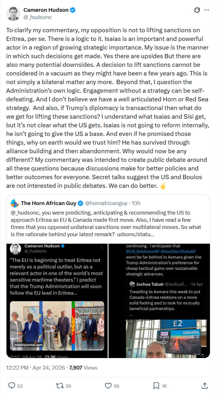 Cameron Hudson: To clarify my commentary…