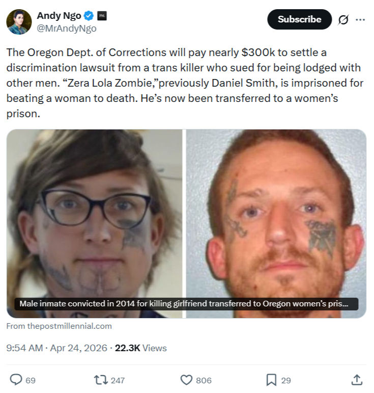 Andy Ngo: The Oregon Dept. of Corrections will pay…