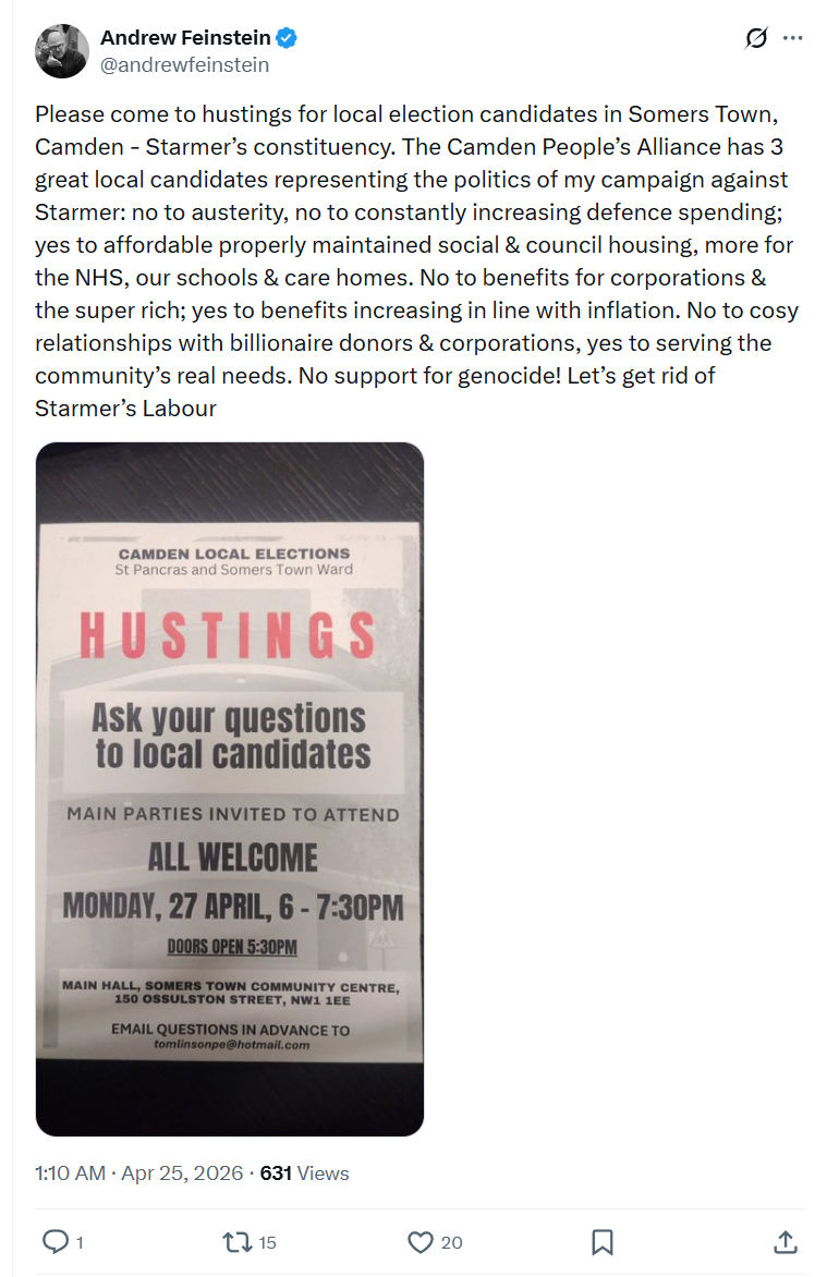 Andrew Feinstein: Please come to hustings for local election…