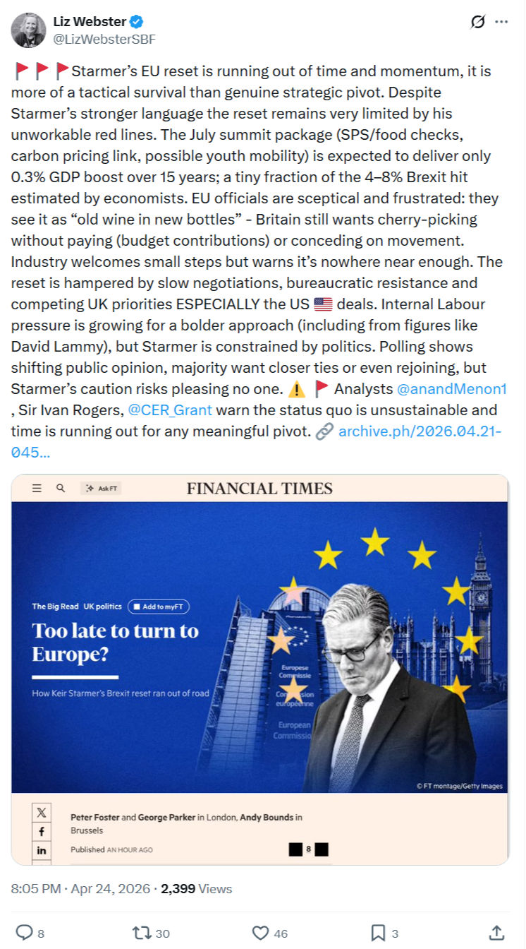 Liz Webster: Starmer’s EU reset is running out of time and momentum…