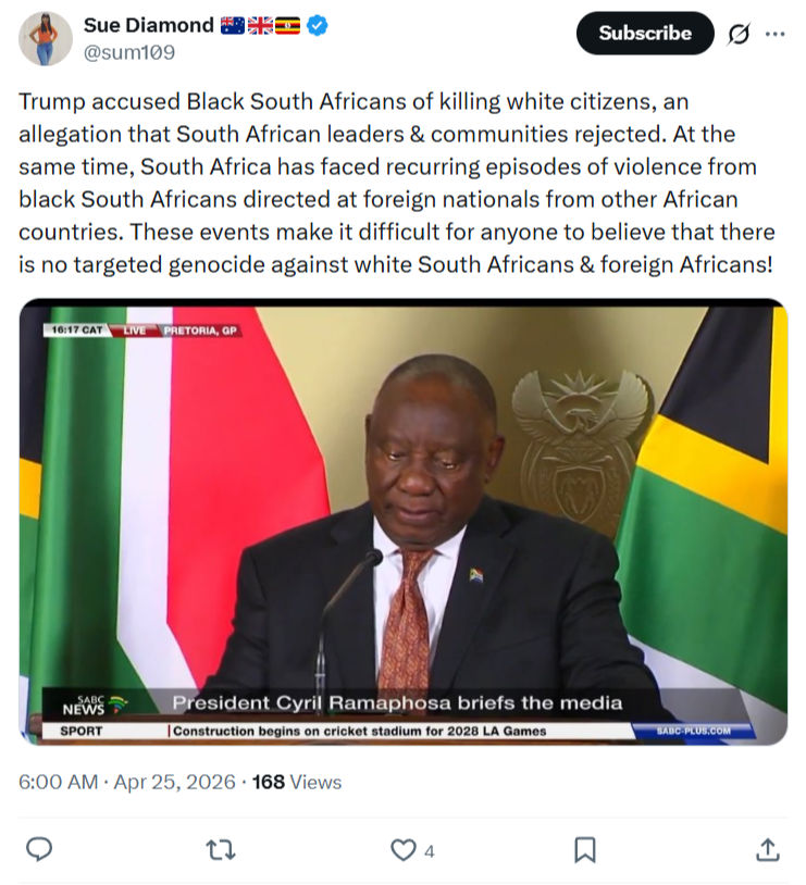 Sue Diamond: Trump accused Black South Africans…
