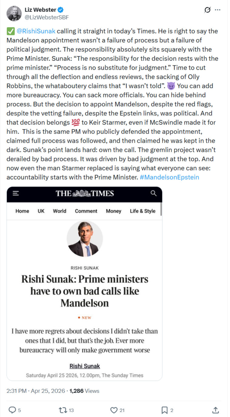 Liz Webster: RishiSunak  calling it straight in today’s Times…