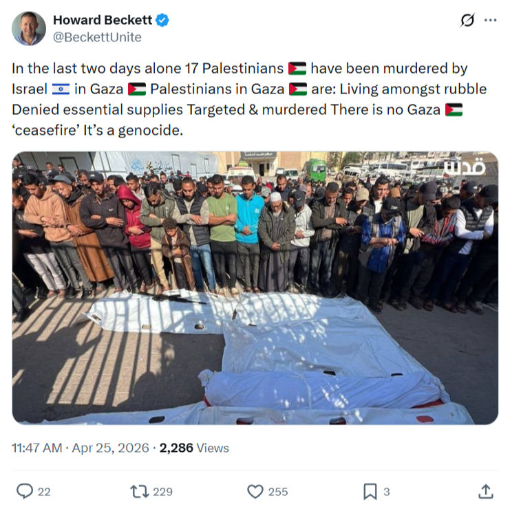 Howard Beckett: In the last two days alone 17 Palestinians…