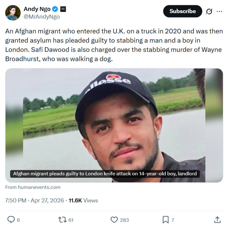 Andy Ngo: An Afghan migrant who entered the U.K.…
