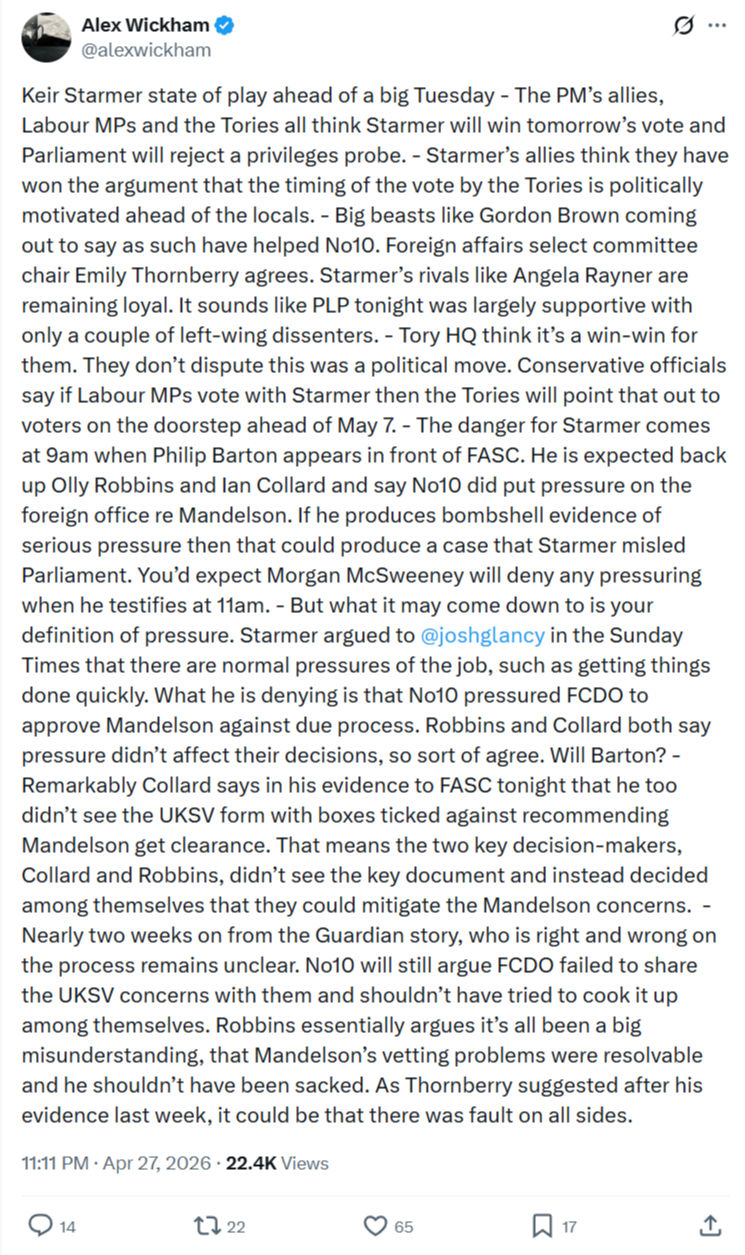 Alex Wickham: Keir Starmer state of play ahead of a big Tuesday…