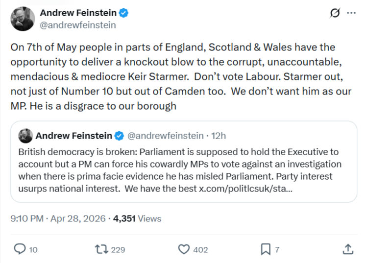 Andrew Feinstein: On 7th of May people in parts of England…