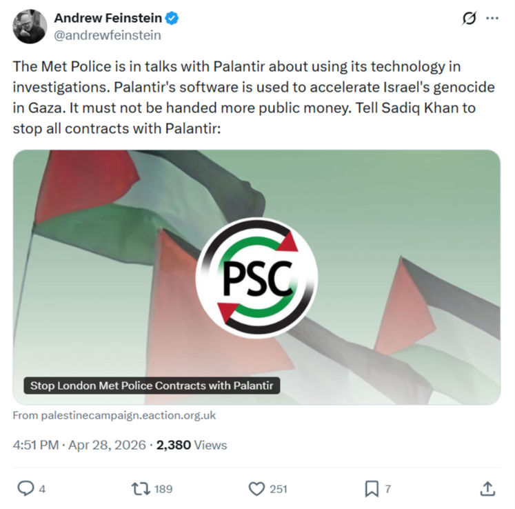 Andrew Feinstein: The Met Police is in talks with Palantir…