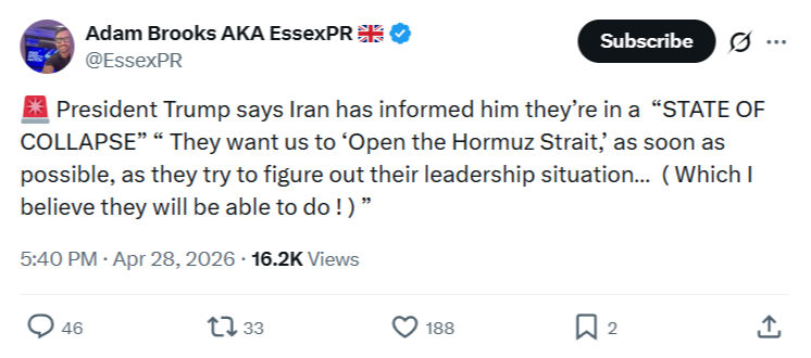 Adam Brooks: President Trump says Iran has informed him…