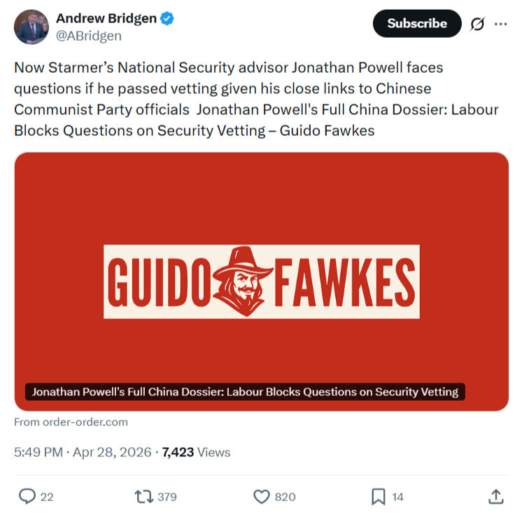 Andrew Bridgen: Now Starmer’s National Security advisor Jonathan Powell…
