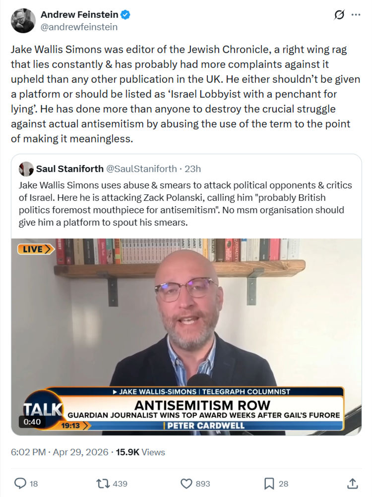 Andrew Feinstein: Jake Wallis Simons was editor of the Jewish Chronicle…