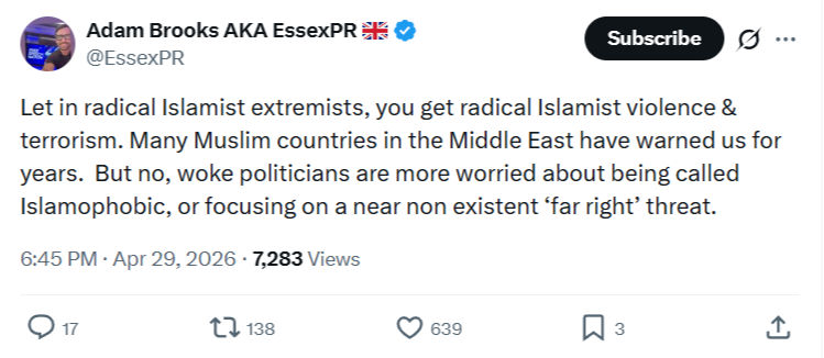 Adam Brooks: Let in radical Islamist extremists…