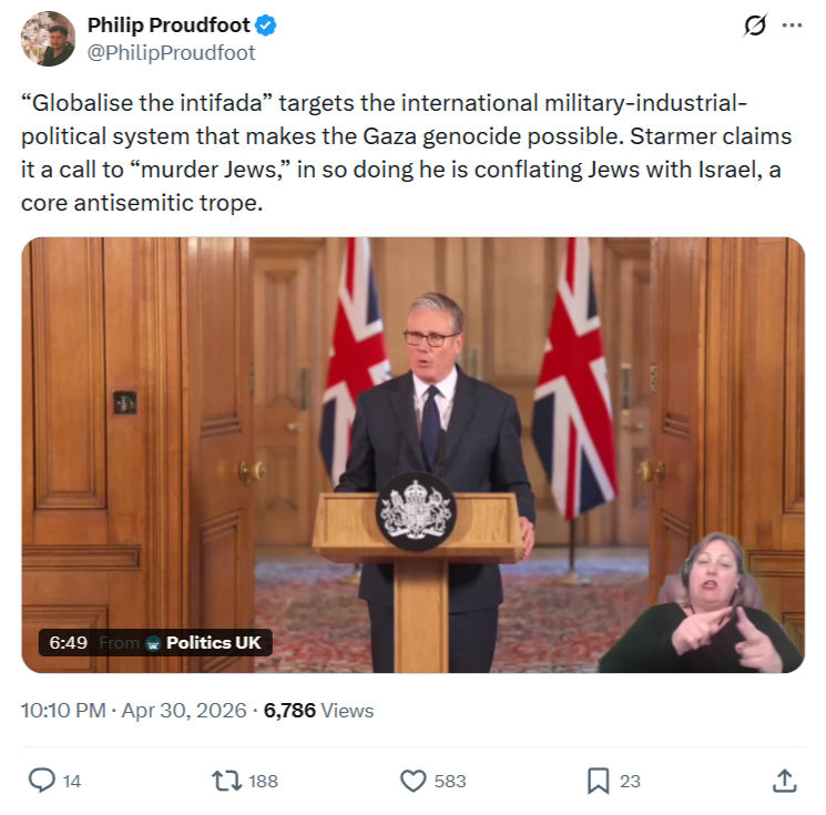 Philip Proudfoot: “Globalise the intifada” targets the...