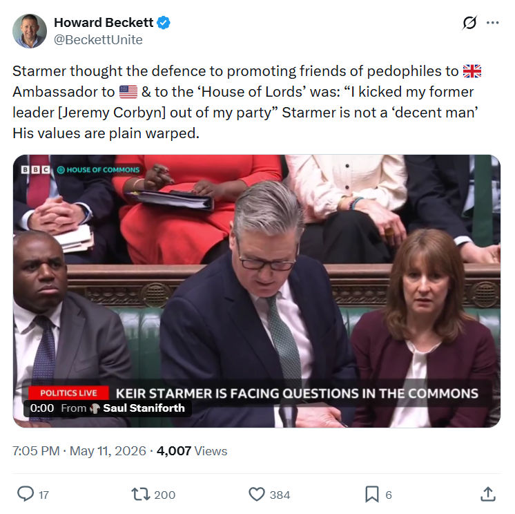 Howard Beckett: Starmer thought the defence to promoting friends of pedophiles…