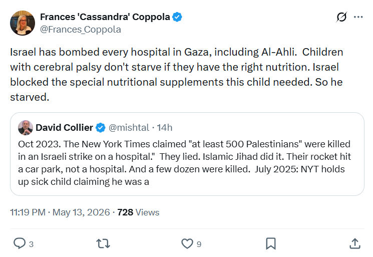 Frances 'Cassandra' Coppola: Israel has bombed every hospital in Gaza…