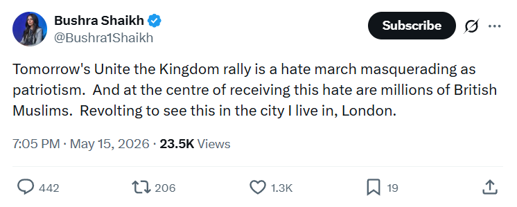 Bushra Shaikh: Tomorrow's Unite the Kingdom rally…