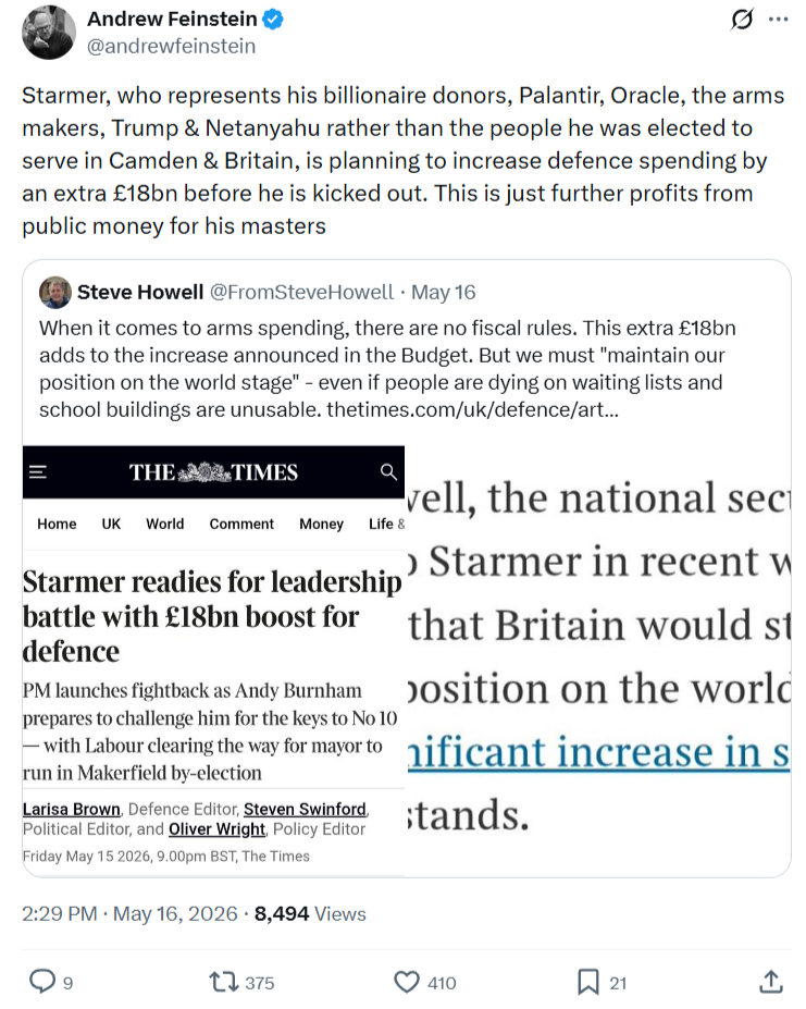Andrew Feinstein: Starmer, who represents his billionaire donors…