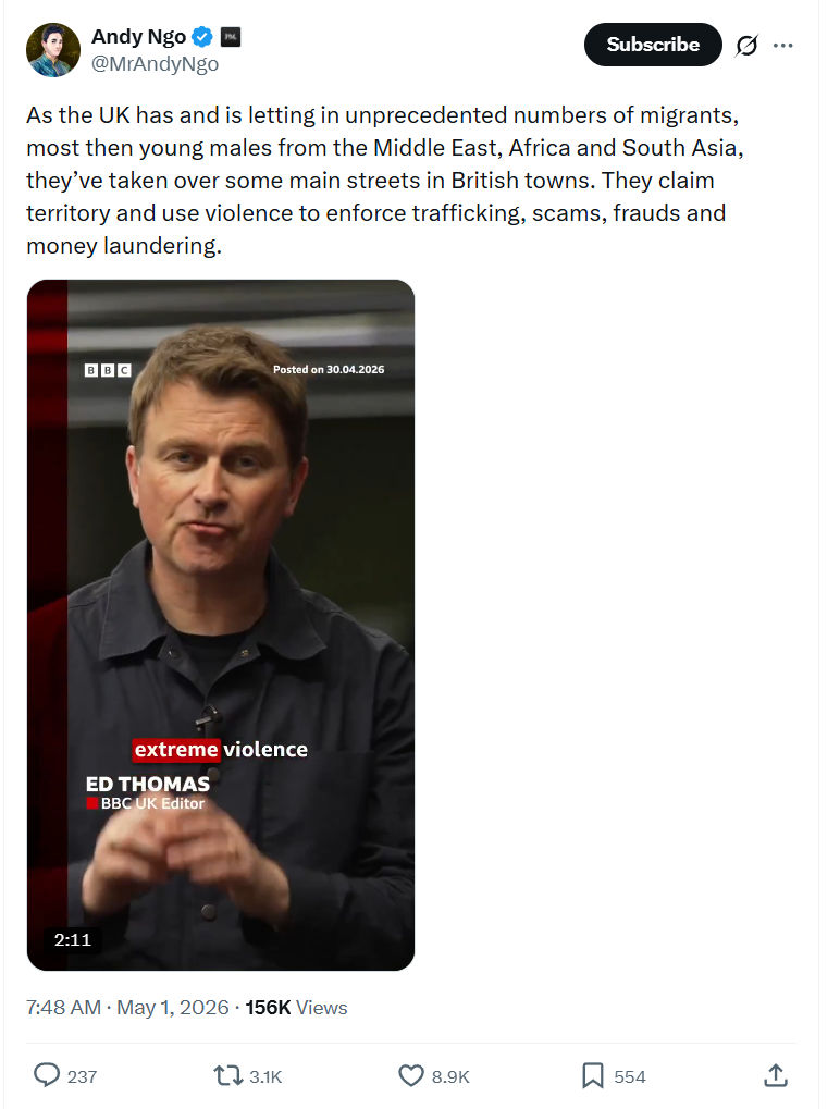 Andy Ngo: As the UK has and is letting in unprecedented…
