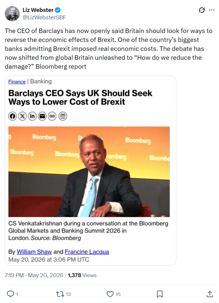 Liz Webster: The CEO of Barclays has now openly said Britain…