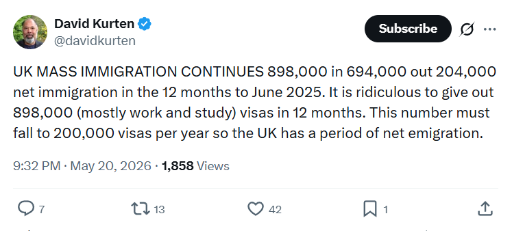 David Kurten: UK MASS IMMIGRATION CONTINUES 898,000…