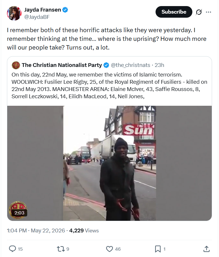 Jayda Fransen: I remember both of these horrific attacks…