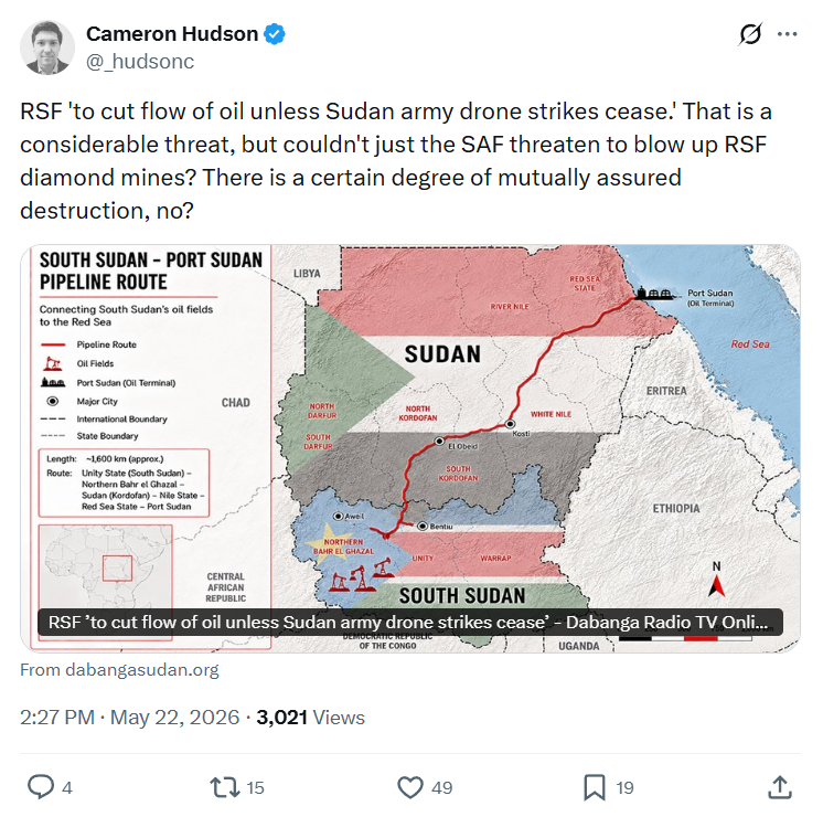 Cameron Hudson: RSF 'to cut flow of oil unless Sudan army drone strikes cease.'…