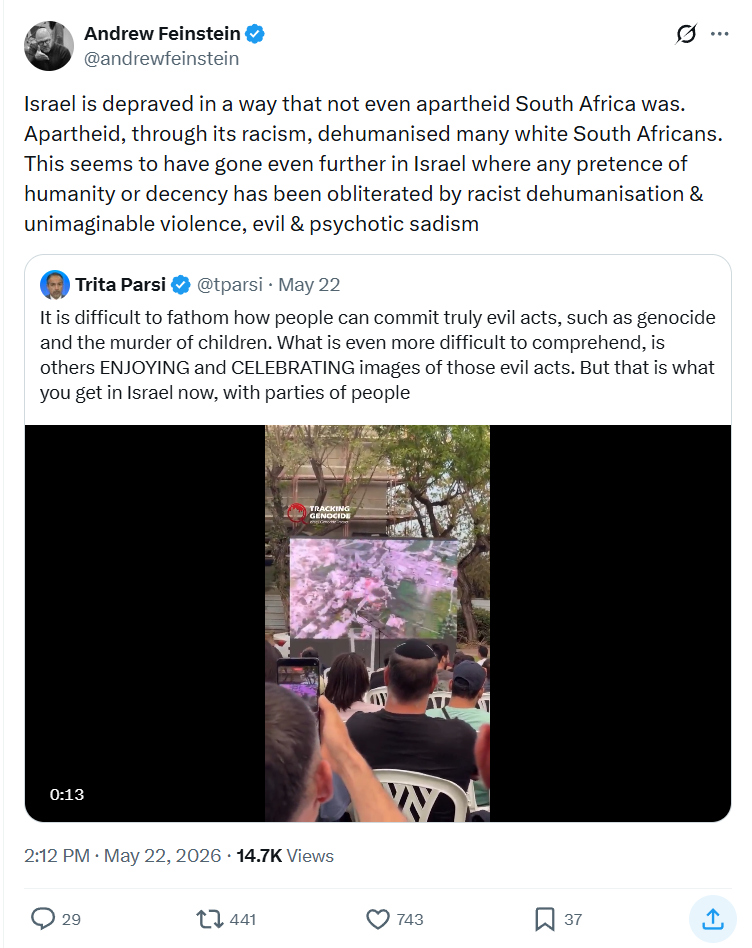 Andrew Feinstein: Israel is depraved in a way…