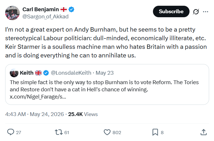 Carl Benjamin: I'm not a great expert on Andy Burnham…