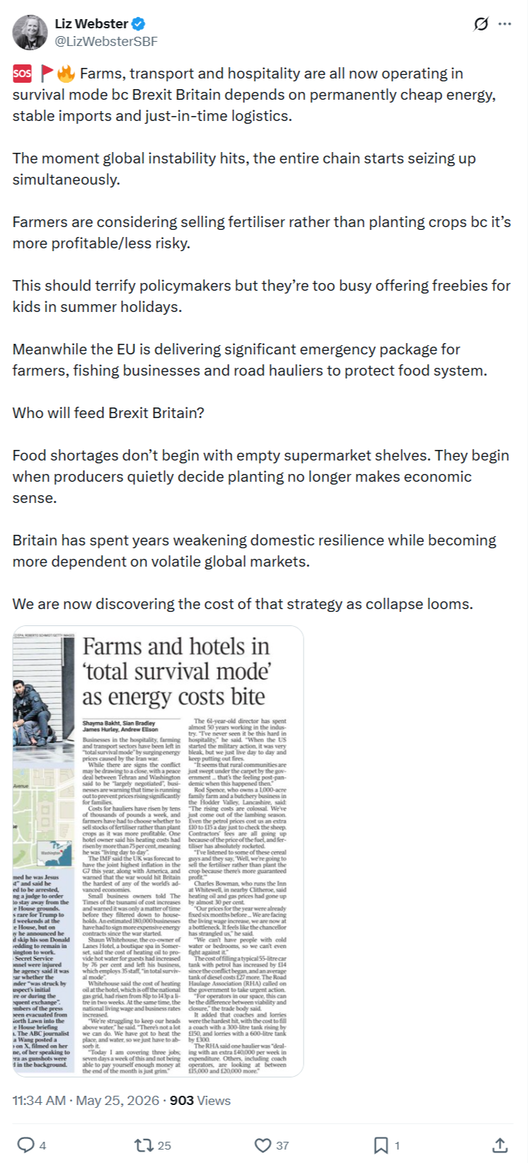 Liz Webster: Farms, transport and hospitality are all now operating…