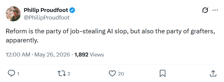 Philip Proudfoot: Reform is the party of job-stealing AI slop…