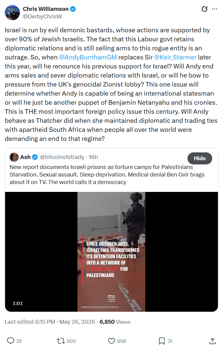 Chris Williamson: Israel is run by evil demonic bastards…