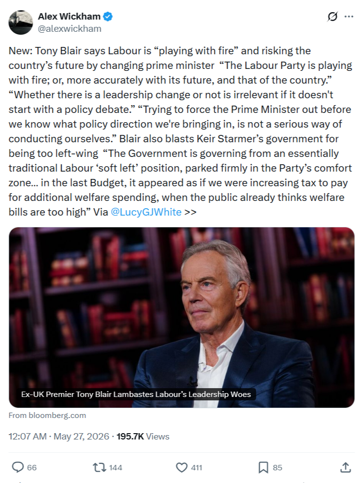 Alex Wickham: New: Tony Blair says Labour is “playing with fire”…