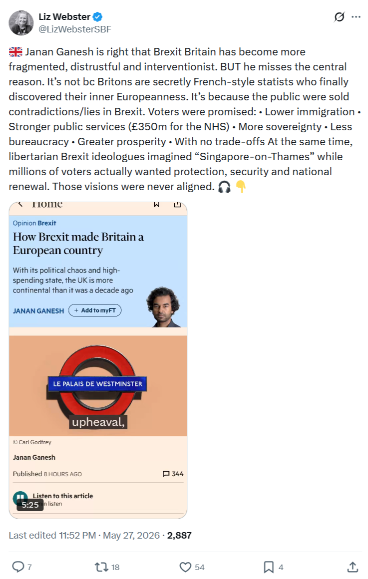 Liz Webster: Janan Ganesh is right that Brexit Britain…