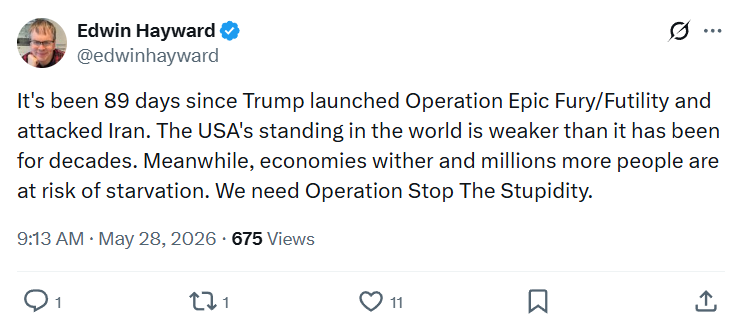 Edwin Hayward: It's been 89 days since...