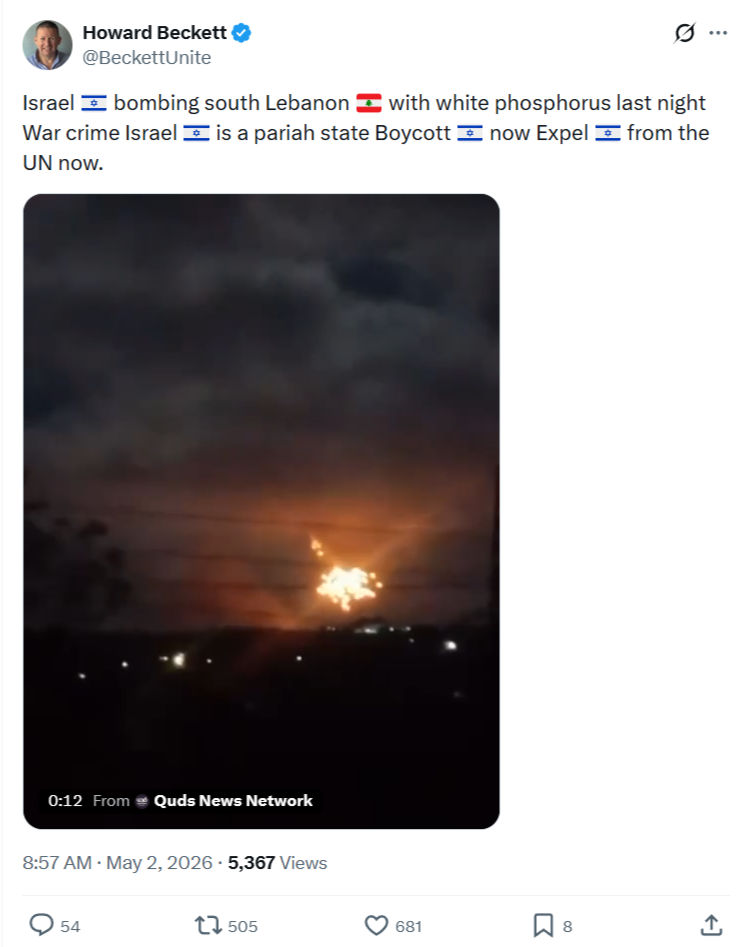 Howard Beckett: Israel bombing south Lebanon…