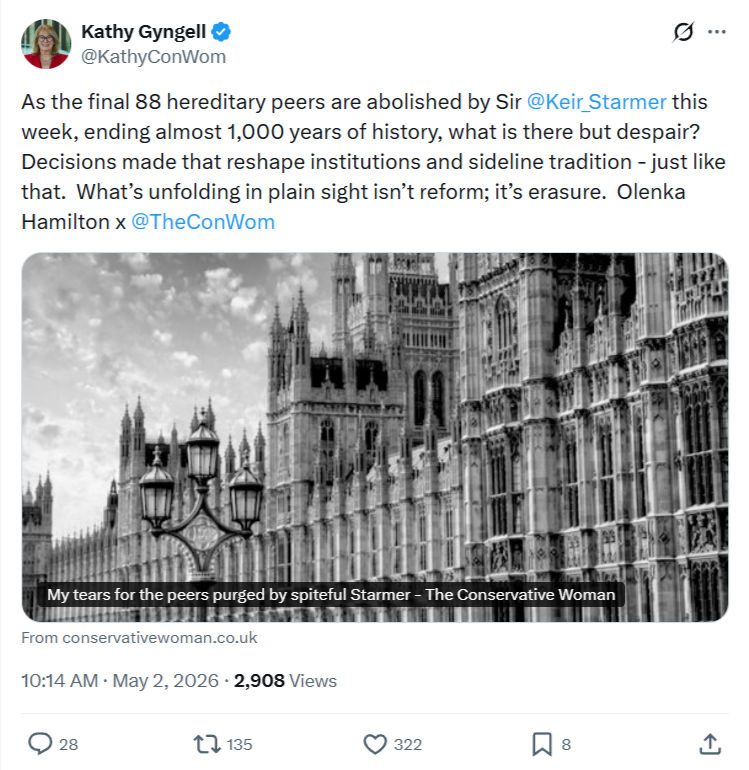 Kathy Gyngell: As the final 88 hereditary peers are abolished…