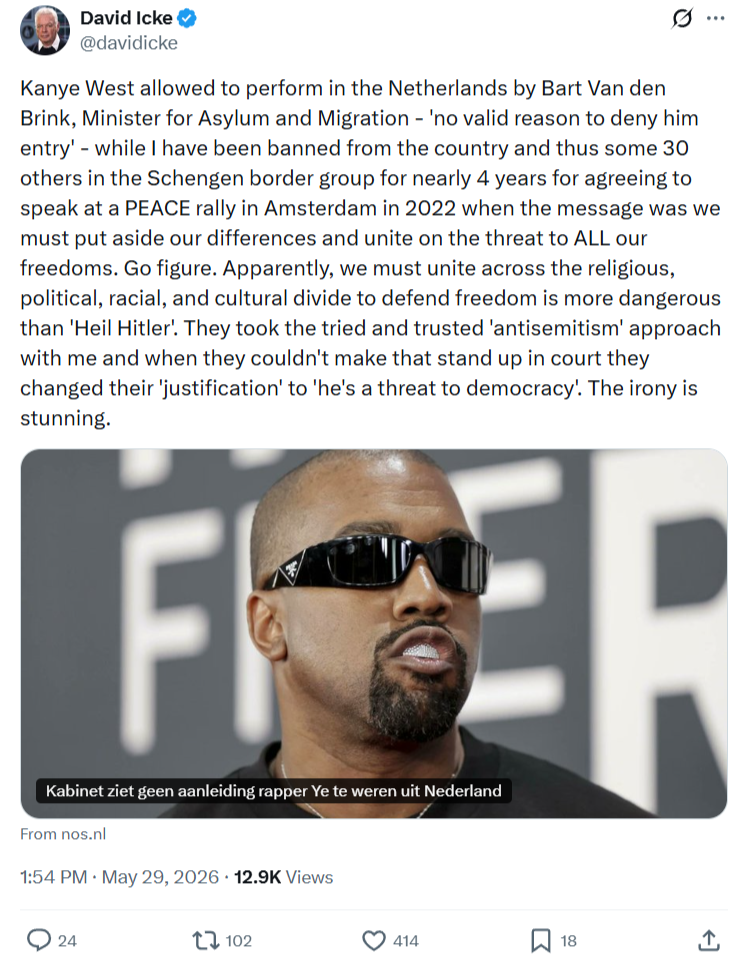David Icke: Kanye West allowed to perform in the Netherlands…