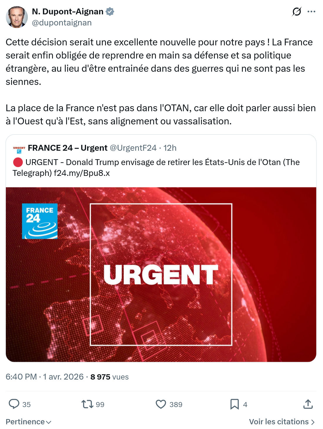 Nicolas Dupont-Aignan: Cette décision serait une excellente…