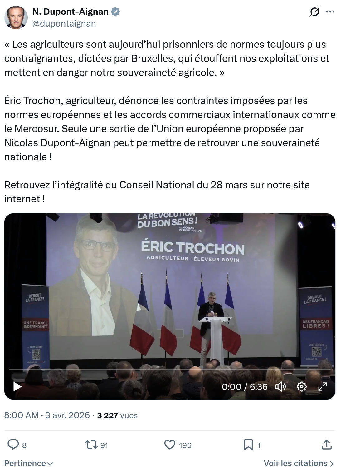 Nicolas Dupont-Aignan: Les agriculteurs sont aujourd’hui prisonniers…