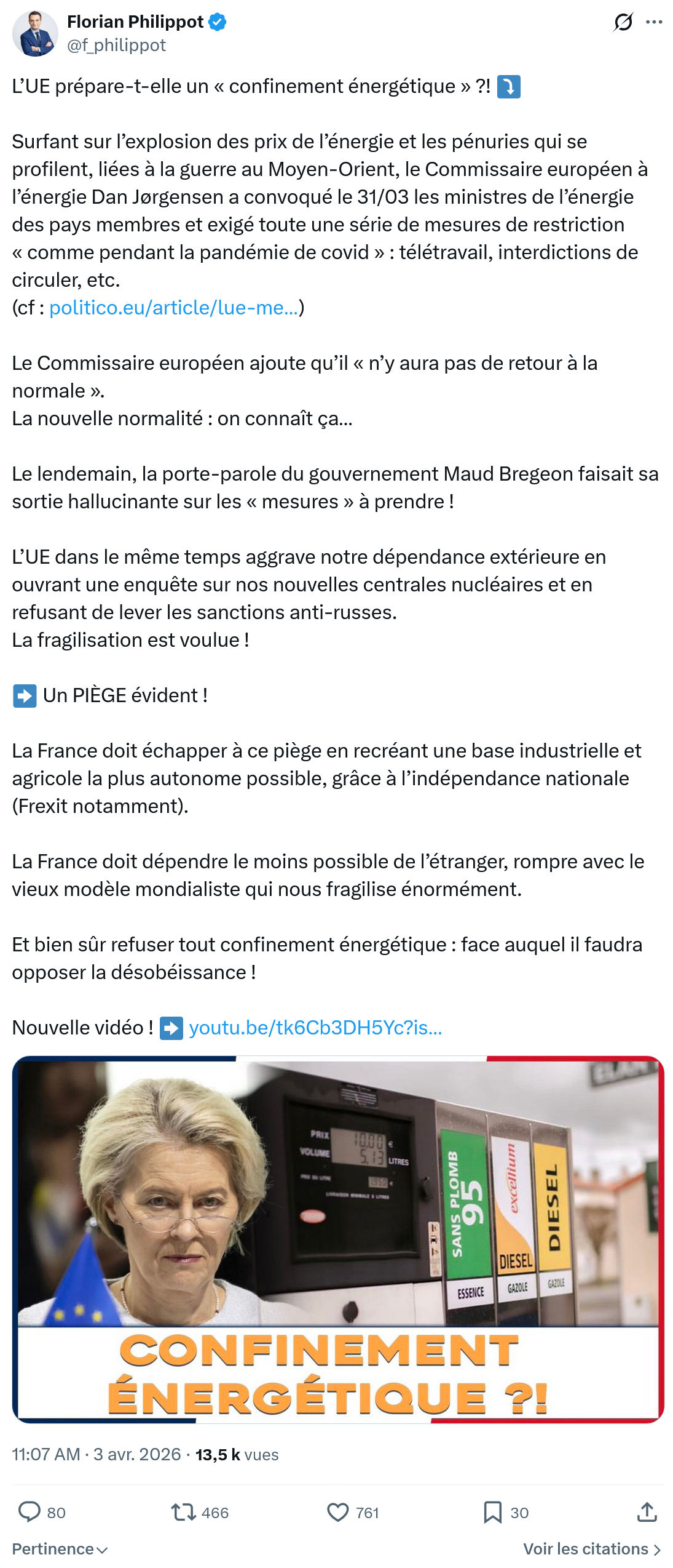 Florian Philippot: L’UE prépare-t-elle un « confinement énergétique »…