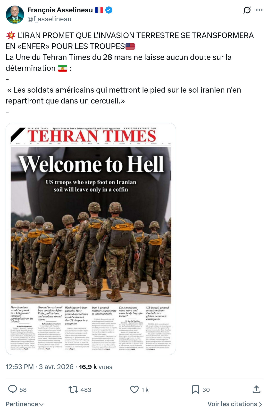 Francois Asselineau: L'IRAN PROMET QUE L'INVASION TERRESTRE…