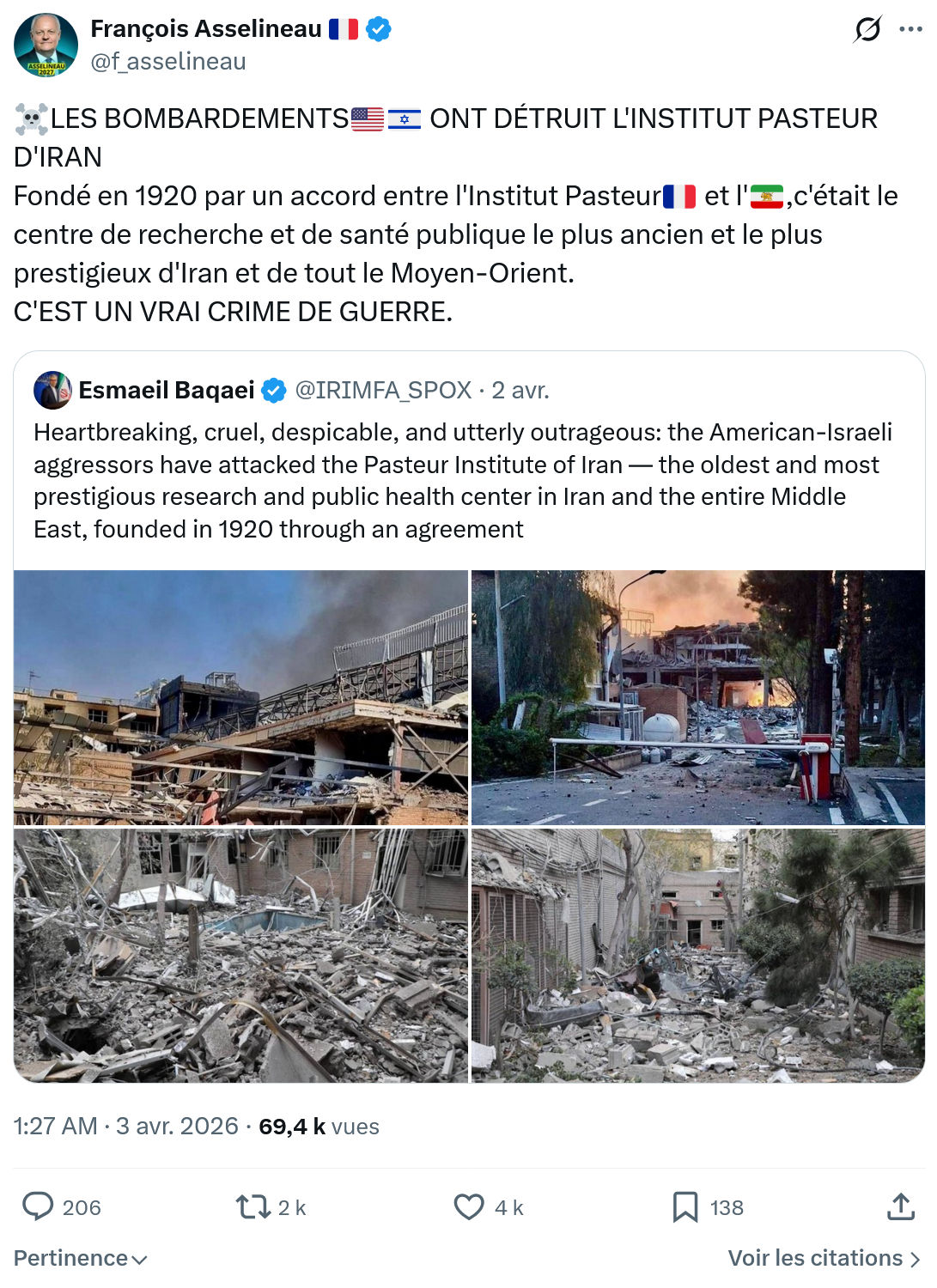 Francois Asselineau: LES BOMBARDEMENTS🇺🇸🇮🇱 ONT DÉTRUIT L'INSTITUT PASTEUR D'IRAN…